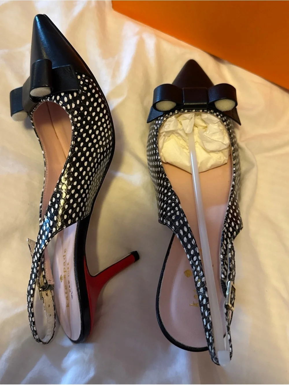 Kate Spade Jannah B/W Polka Dot Slingback Pointed Toe Pump w/ Bow by & red heals